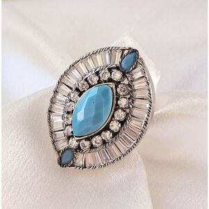 Vintage Turquoise and Rhinestone Marquise Statement Ring